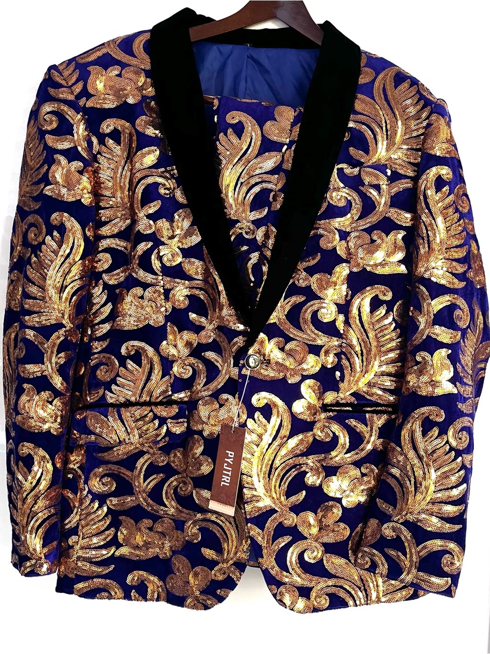 PYJTRL Men's Royal Blue Gold Sequin Floral Tuxedo Suit - NWT